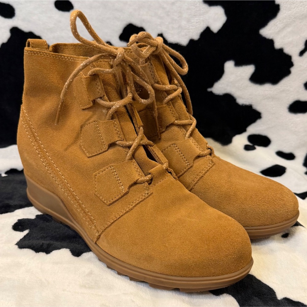 Sorel Evie Lace Up Wedge‎ Ankle Boots Camel Brown Suede NL3322-224 Womens 10